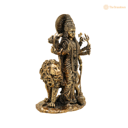 Handcrafted Brass Maa Durga Idol 6 Inch side view – antique finish detail
