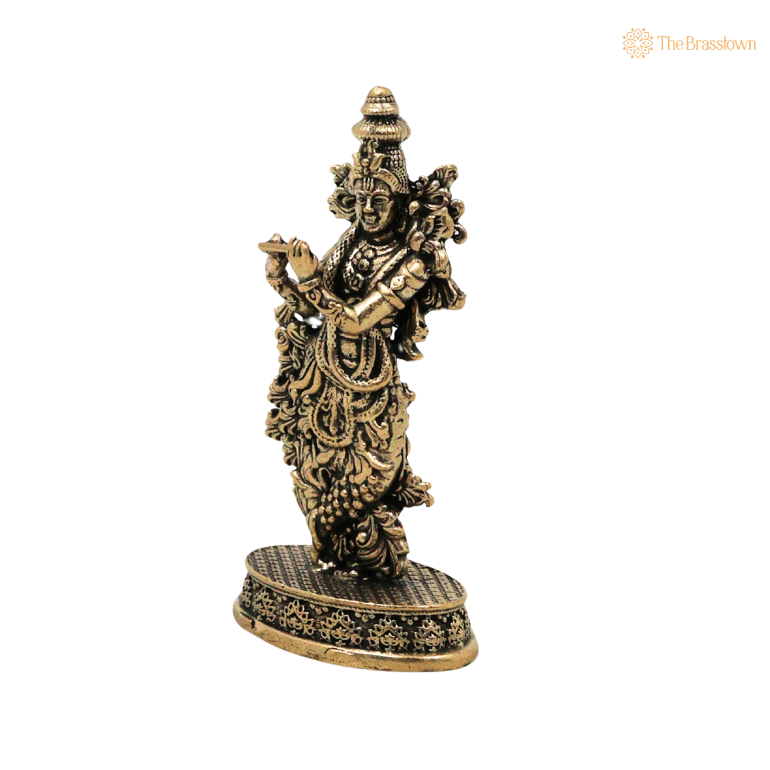 Brass Krishna Idol 3 Inch side view – antique finish detail