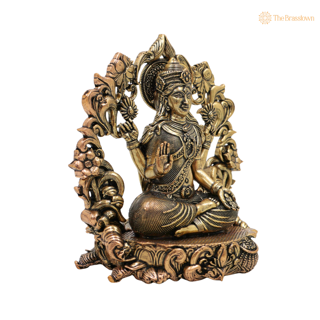 Brass Sitting Lakshmi Idol 4 Inch side view – antique finish detail