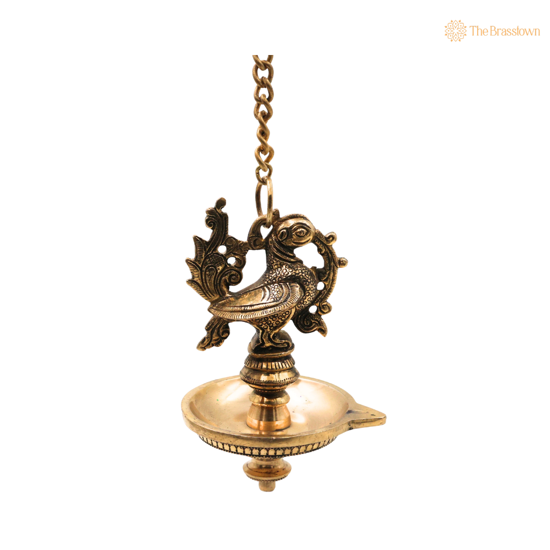 Hanging Brass Lamp Pooja – Traditional Peetal Thooku Vilakku Deepam for Temple, Home Mandir &amp; Spiritual Décor 20.5 Inch
