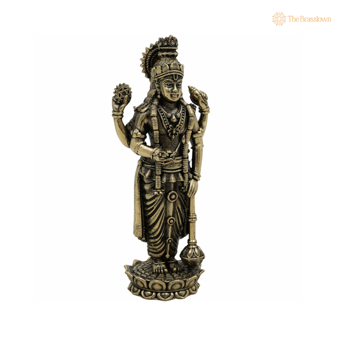 Brass Vishnu Idol 6.5 Inch side view – antique finish detail