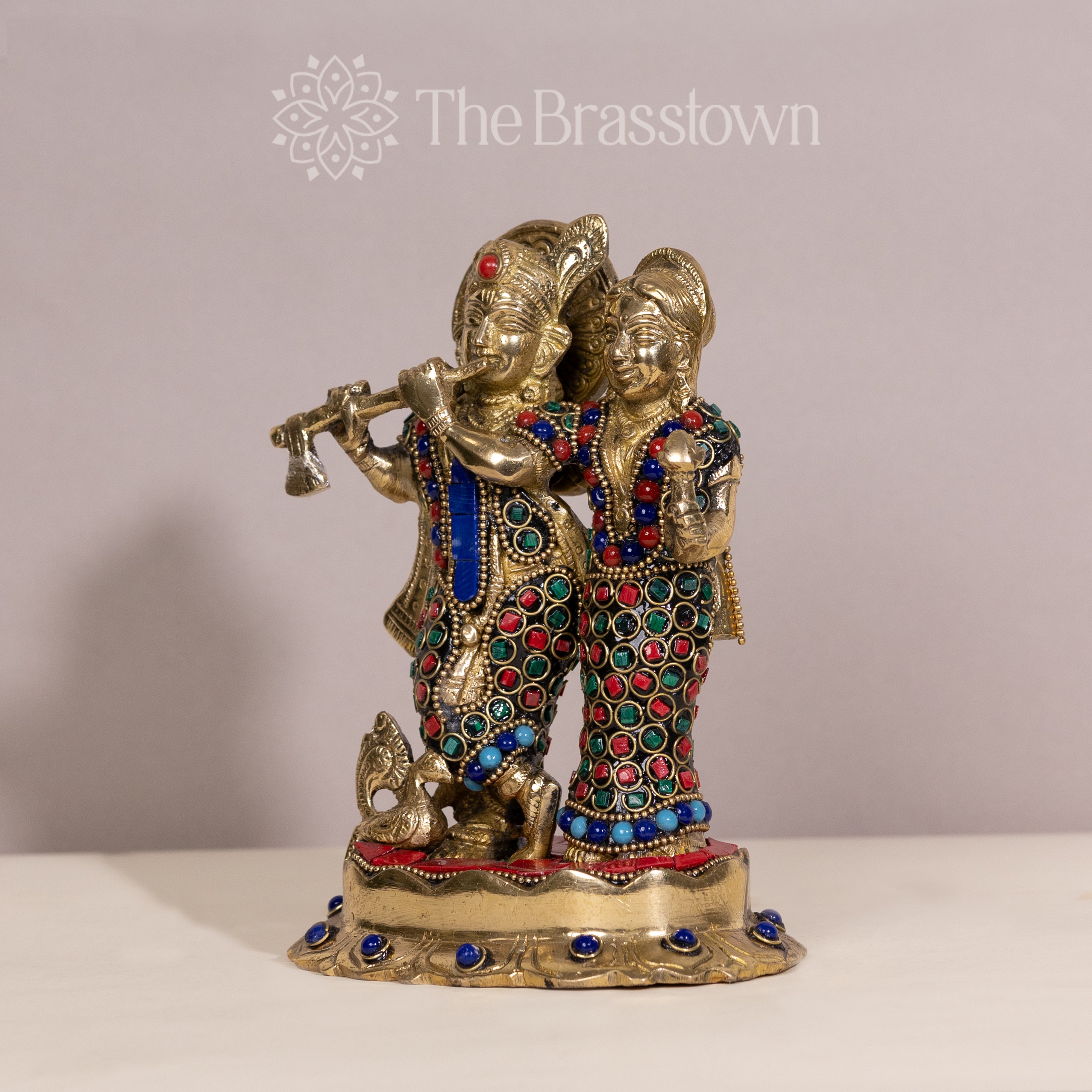 Brass Radha Krishna Statue with Multi Colorful Stones