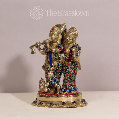 Brass Radha Krishna Statue with Multi Colorful Stones