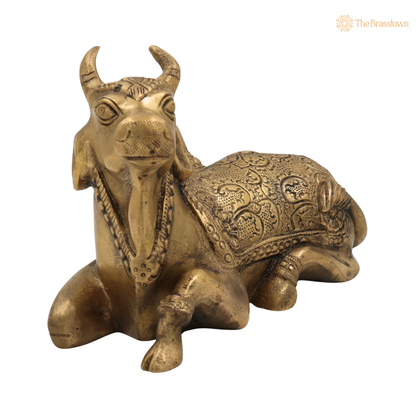 Brass Sitting Nandi Idol 5 Inch side view – antique finish detail