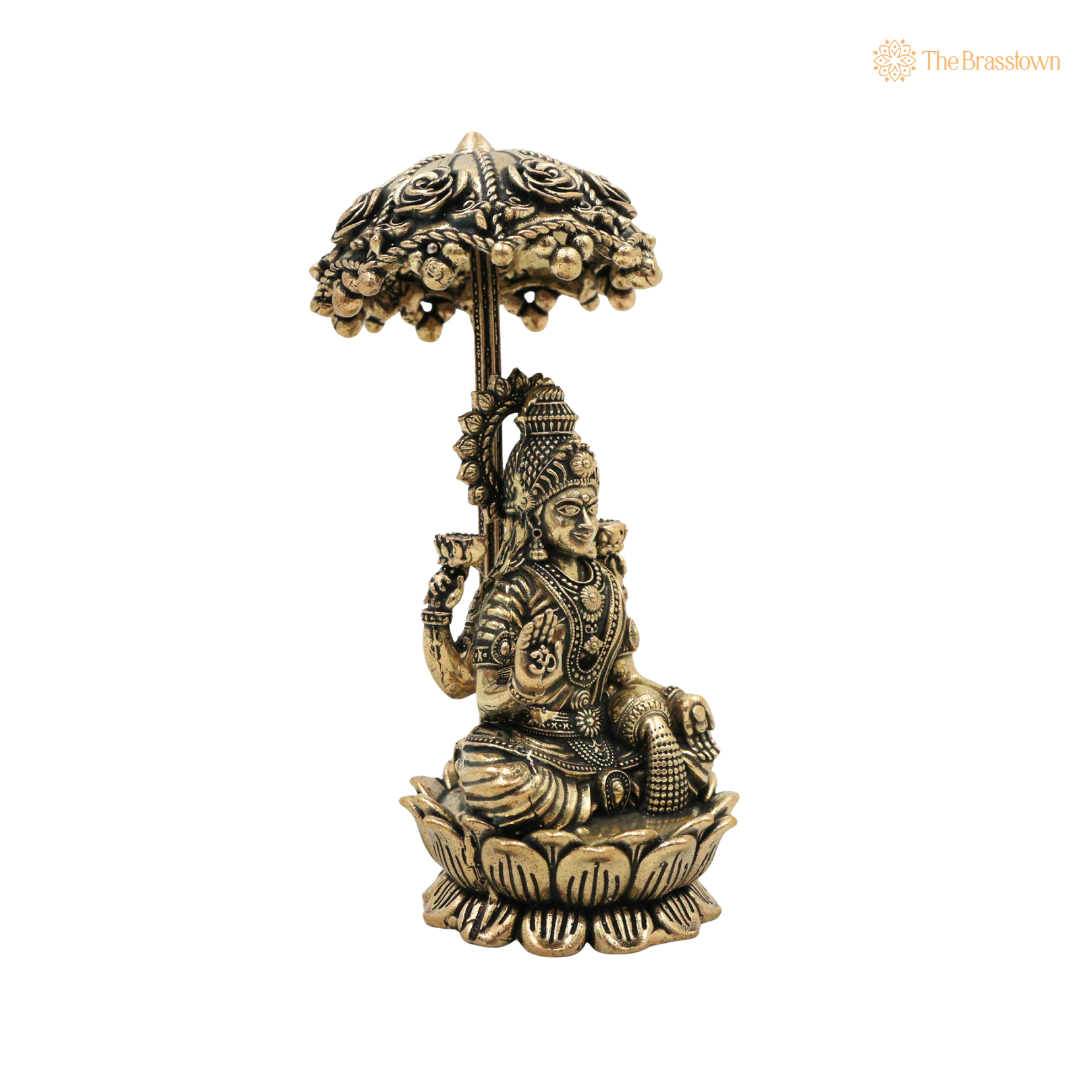 Brass Mahalakshmi Idol with Umbrella 4.5 Inch side view – antique finish detail