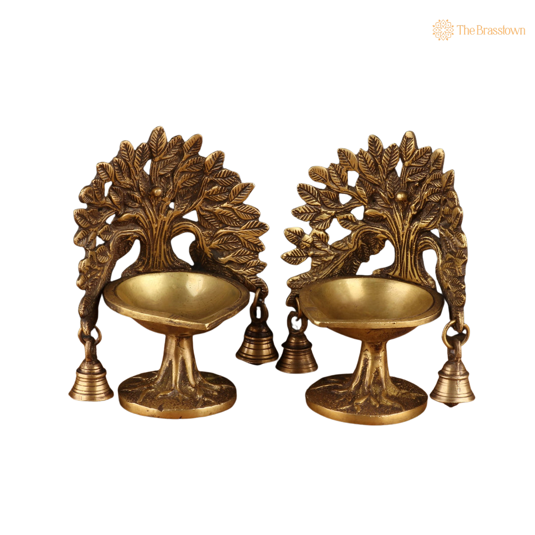 Brass Diya Pair with Tree 7 Inch side view – antique finish detail