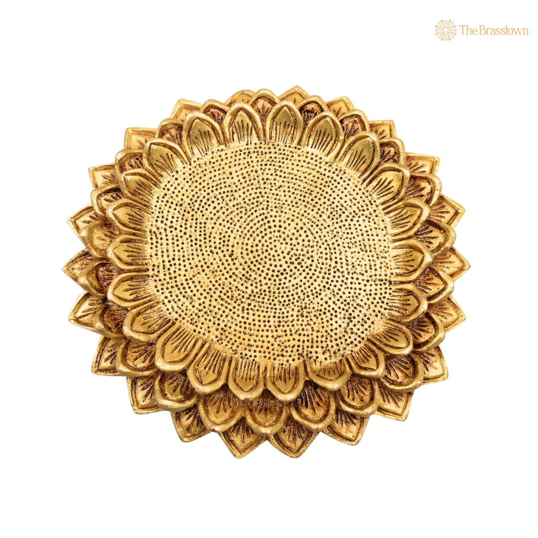 Brass Lotus Shaped Pooja Chowki 1 Inch side view – antique finish detail