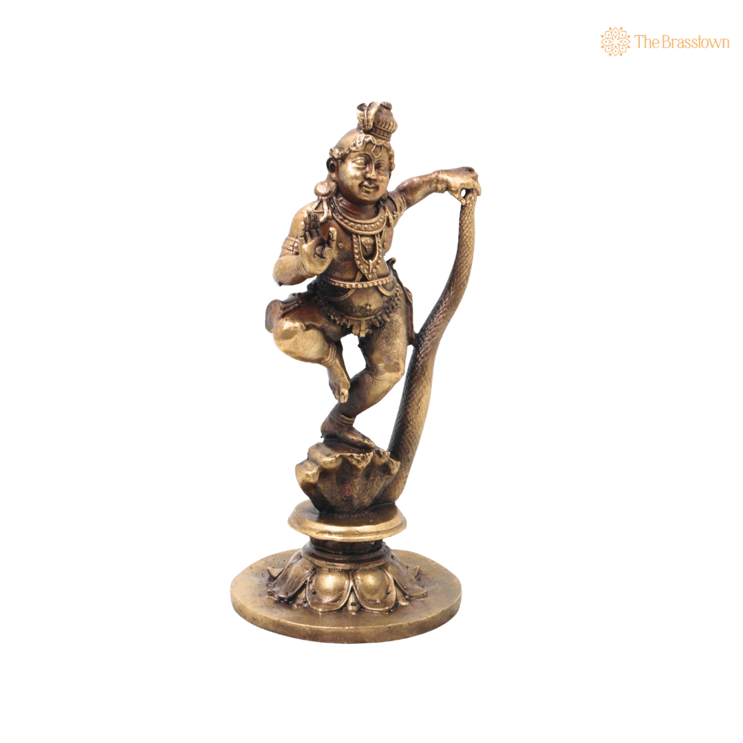 Brass Kaliya Mardana Krishna Idol – Handcrafted Chola Style Kaliya Daman Govinda Murti for Pooja, Home Mandir, Décor &amp; Spiritual Gifting 5.5 Inch