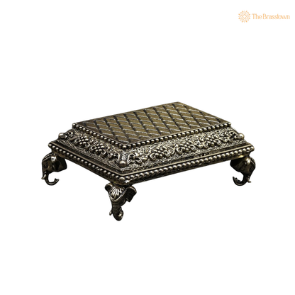 Brass Elephant Design Chowki 2 Inch side view – antique finish detail
