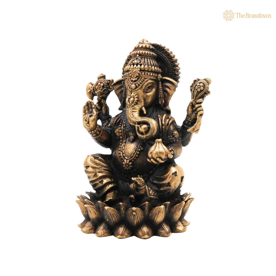 Handcrafted Brass Ganpati Bappa Idol 3 Inch side view – antique finish detail