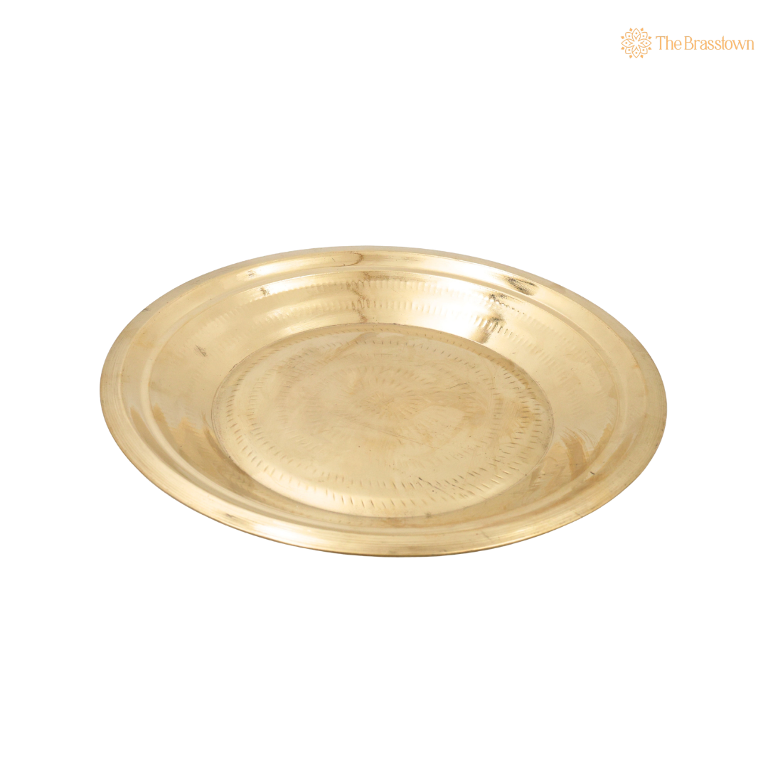 Handcrafted Brass Pooja Thali for Mandir – Peetal Pooja Plate (Pital Puja Thambalam) for Hindu Worship &amp; Temple Rituals 13.5 Inch