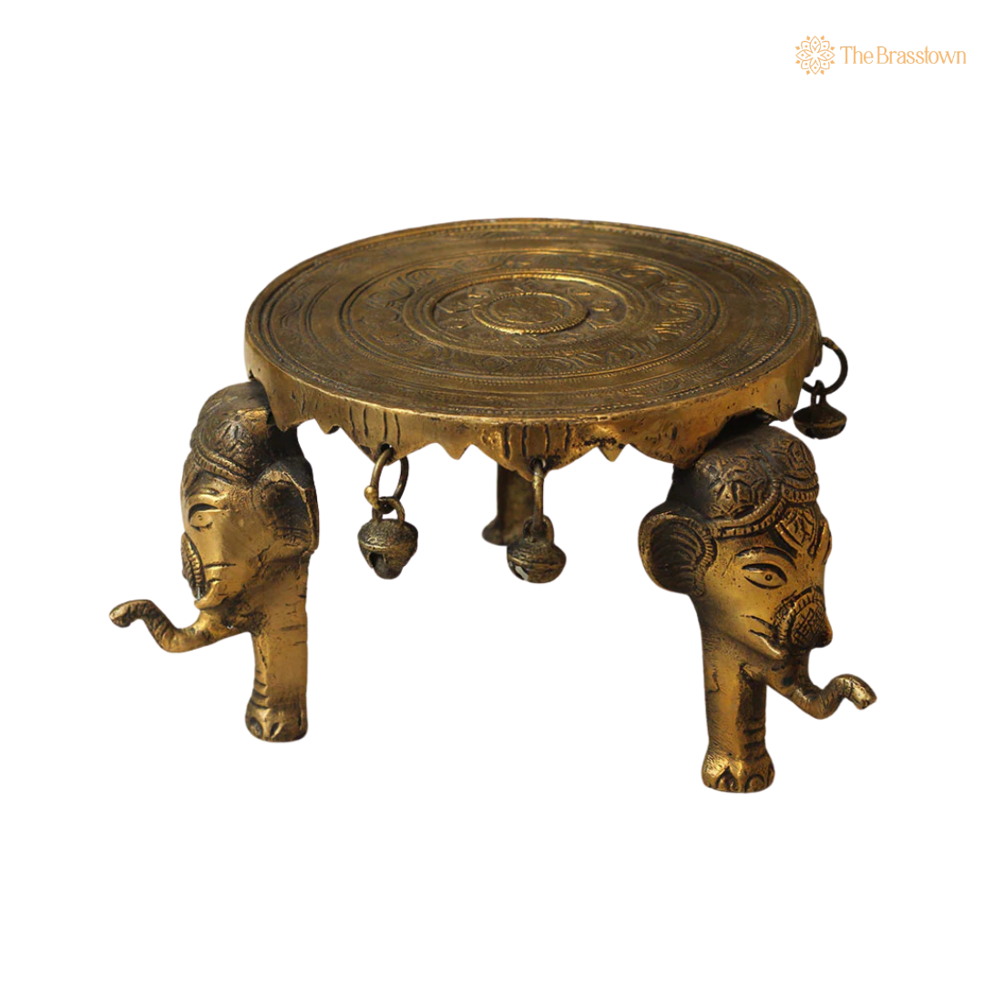 Handcrafted Elephant Pillar Brass Chowki 6 Inch side view – antique finish detail