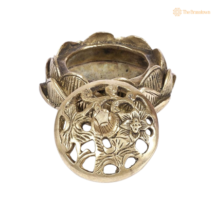 Brass Lotus Shaped Incense Burner side view – antique finish detail