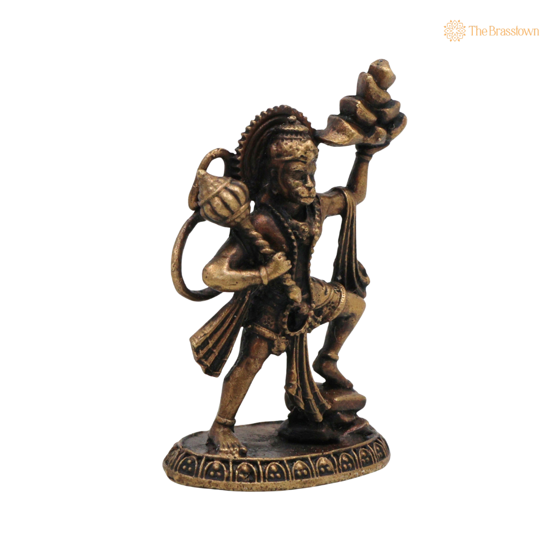 Brass Hanuman Idol with Sanjeevini 2 Inch closeup – intricate craftsmanship