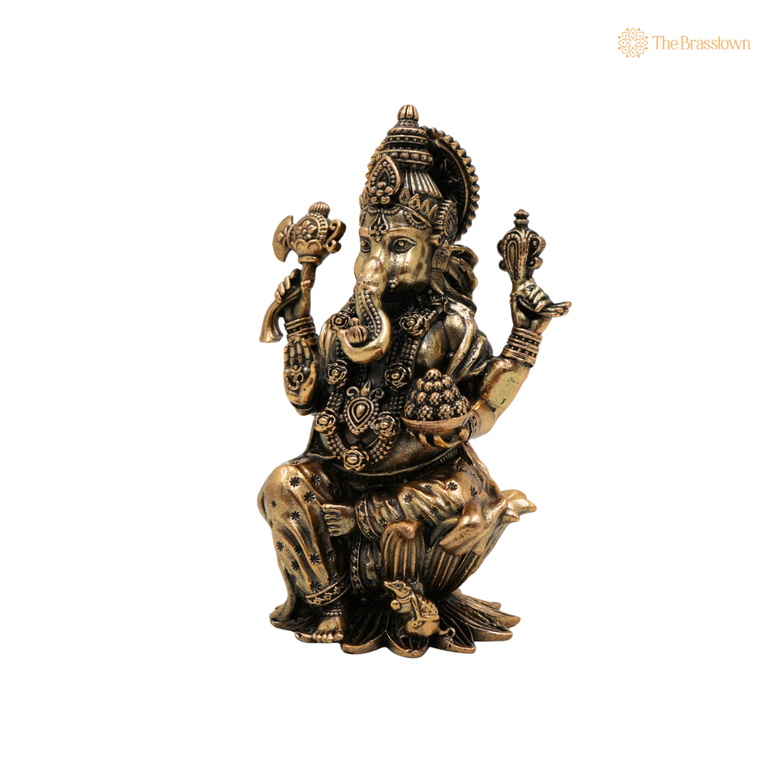 Handcrafted Brass Ganpati Bappa Idol 4 Inch side view – antique finish detail
