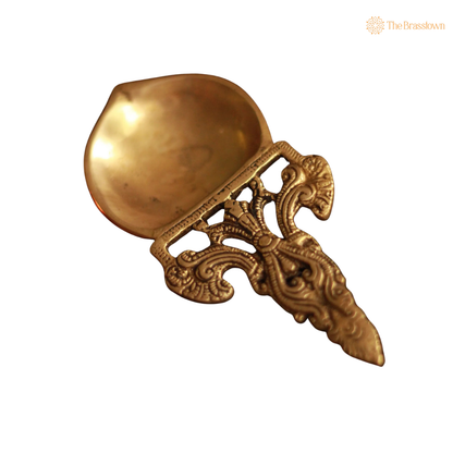 Handcrafted Brass Puja Spoon with 6 Inch side view – antique finish detail