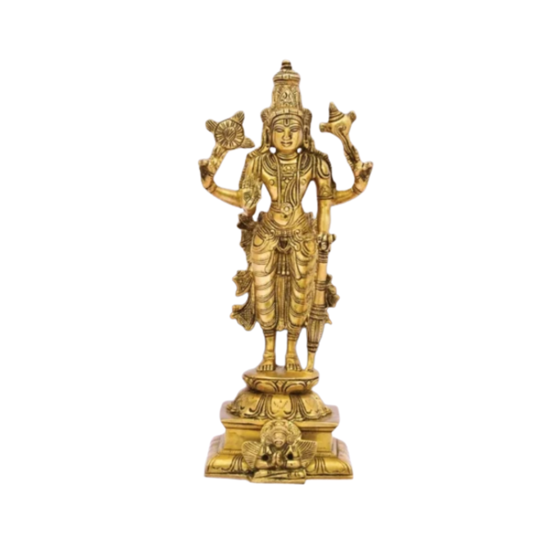 Handcrafted Brass Vishnu Idol 9 Inch side view – antique finish detail