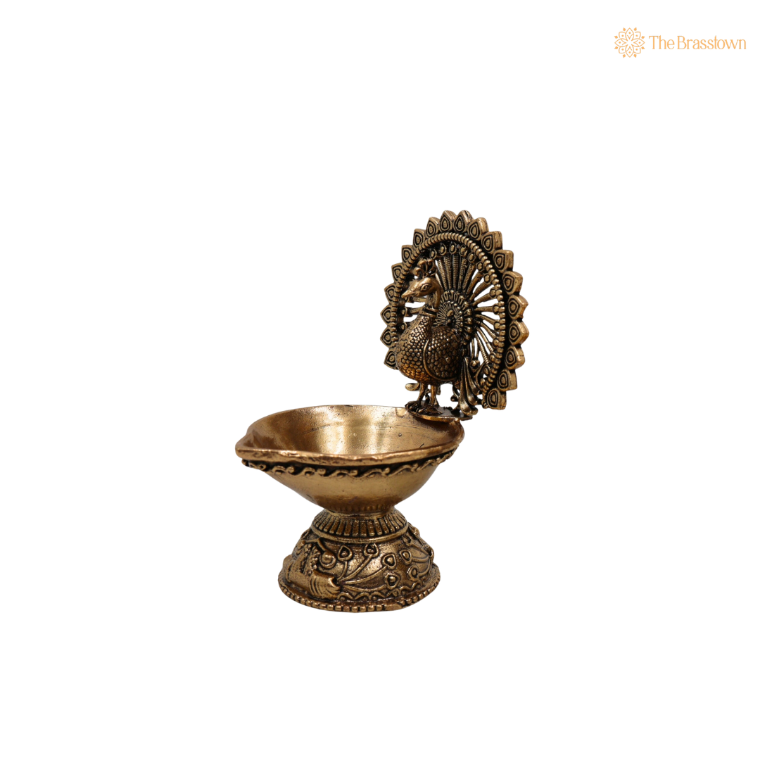 Brass Superfine Designer Peacock Diya 4 Inch side view – antique finish detail