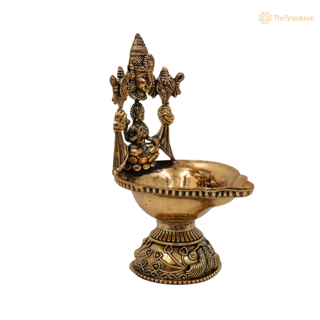 Brass Handcrafted Mahalakshmi with Balaji 5 Inch side view – antique finish detail