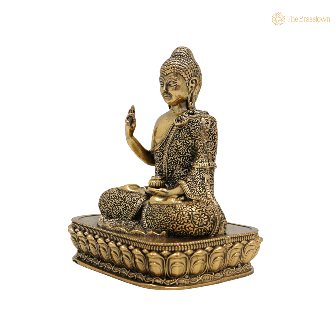 Handcrafted Brass Buddha in Meditation 4.5 Inch side view – antique finish detail