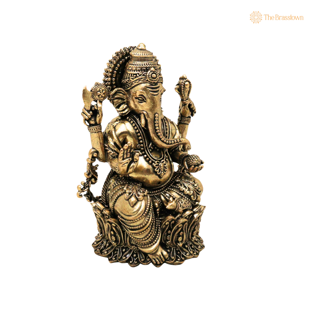 Brass Ganpati Bappa Idol 4 Inch side view – antique finish detail