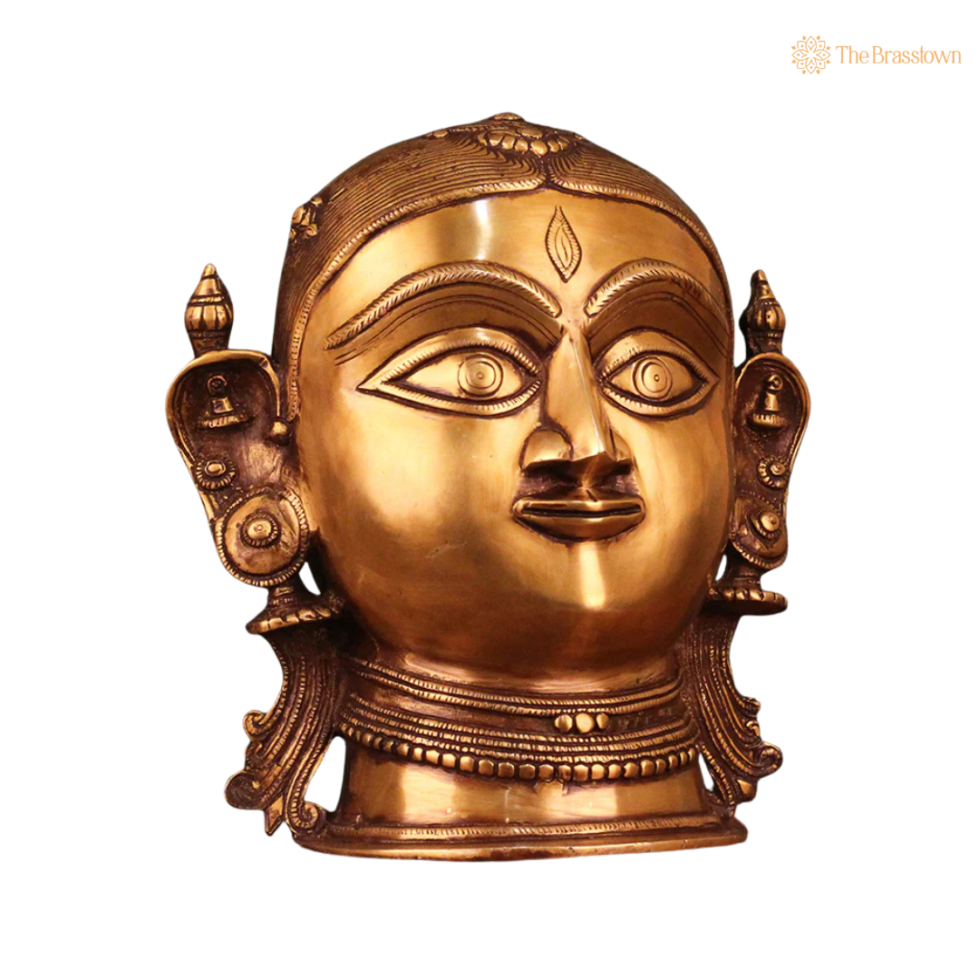 Handcrafted Brass Gauri Head Mask 10 Inch side view – antique finish detail