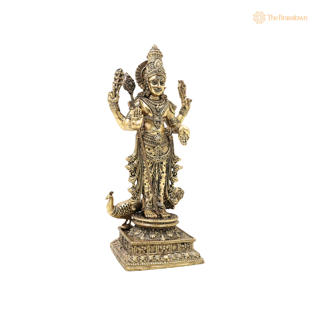 Brass Handcrafted Chola Murugan Idol with Vel – Lord Subramanya Kartikeya Statue for Pooja, Home Mandir, Spiritual Décor &amp; Gifting 8 Inch