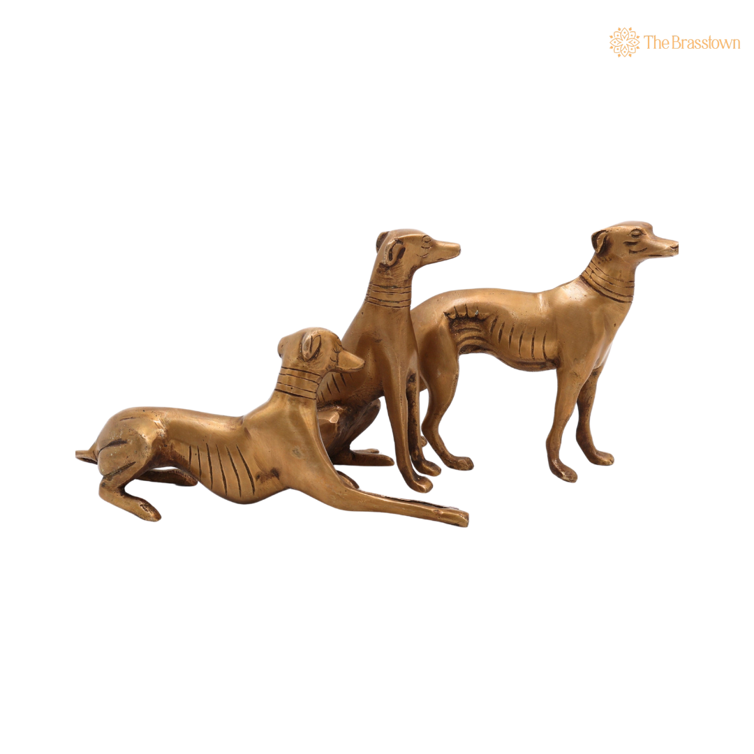 Brass Dog Idol Set of 5.5 Inch side view – antique finish detail