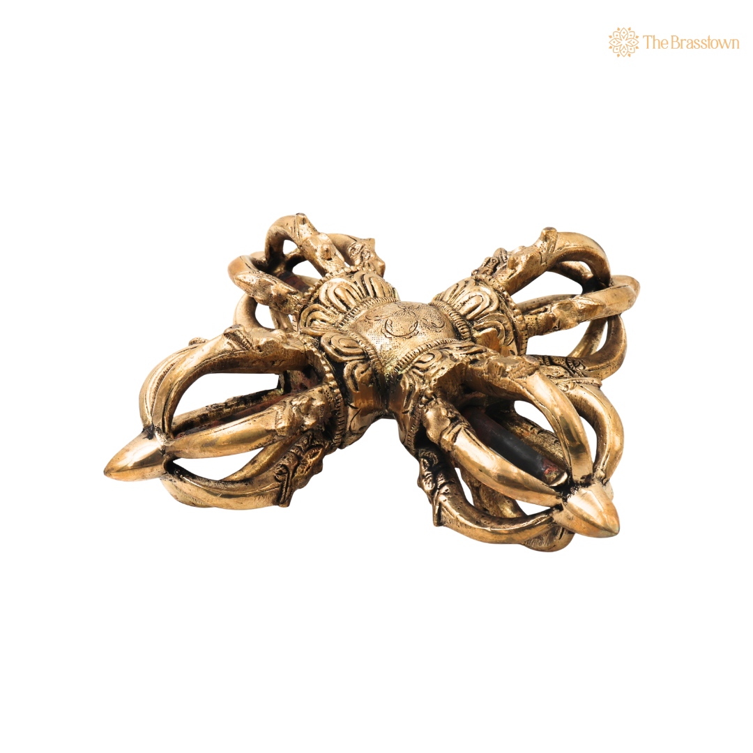 Brass Double Dorje / Vajra Idol – Tibetan Thunderbolt Scepter for Puja &amp; Spiritual Décor 3 Inch