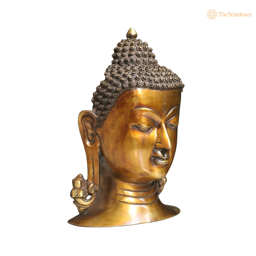 Handcrafted Brass Buddha Face Mask 10 Inch side view – antique finish detail