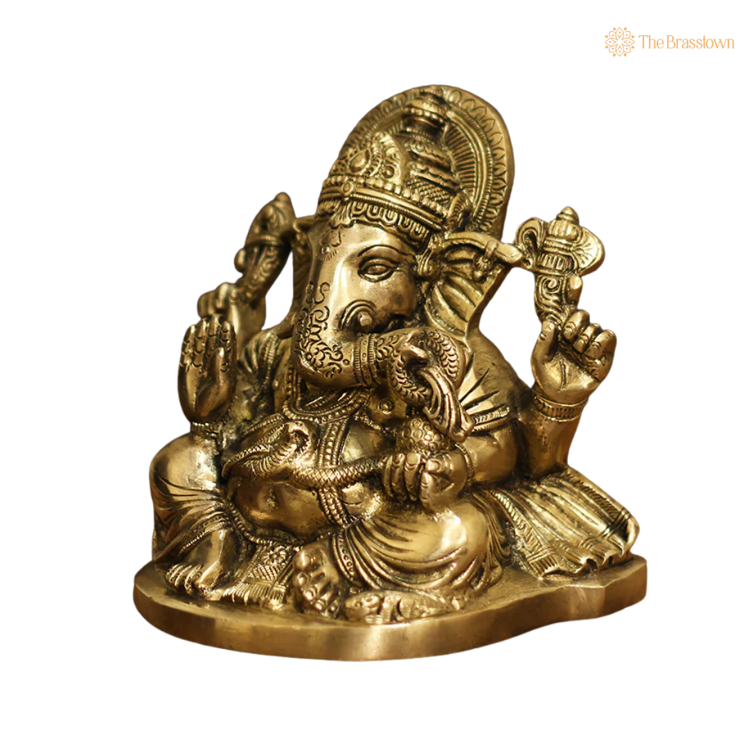 Handcrafted Brass Ganesh Superfine Idol 6 Inch closeup – intricate craftsmanship