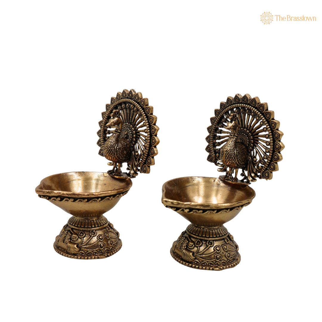 Brass Superfine Designer Peacock Diya 4 Inch side view – antique finish detail