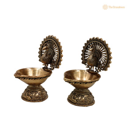 Brass Superfine Designer Peacock Diya 4 Inch side view – antique finish detail