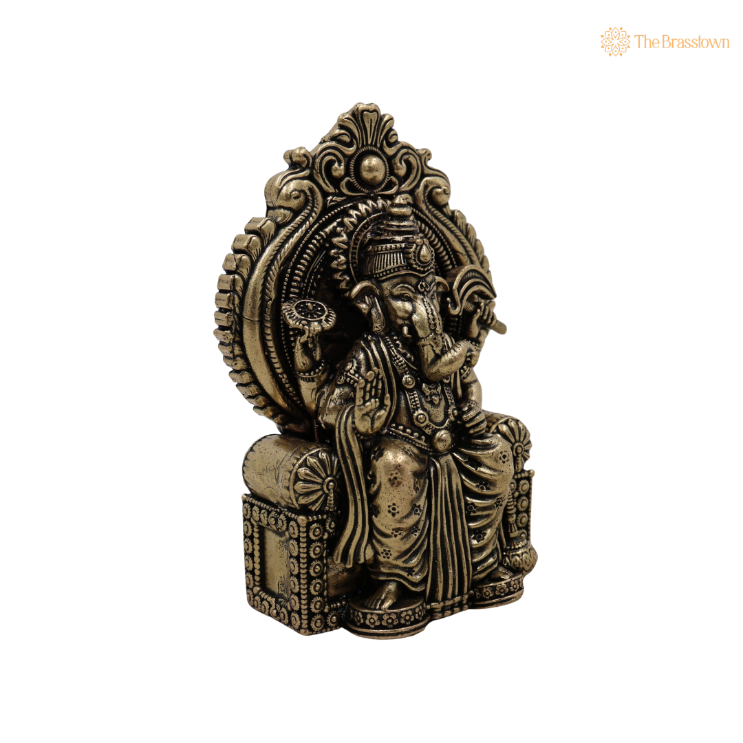 Handcrafted Brass Sitting Ganpati Bappa 6.5 Inch side view – antique finish detail