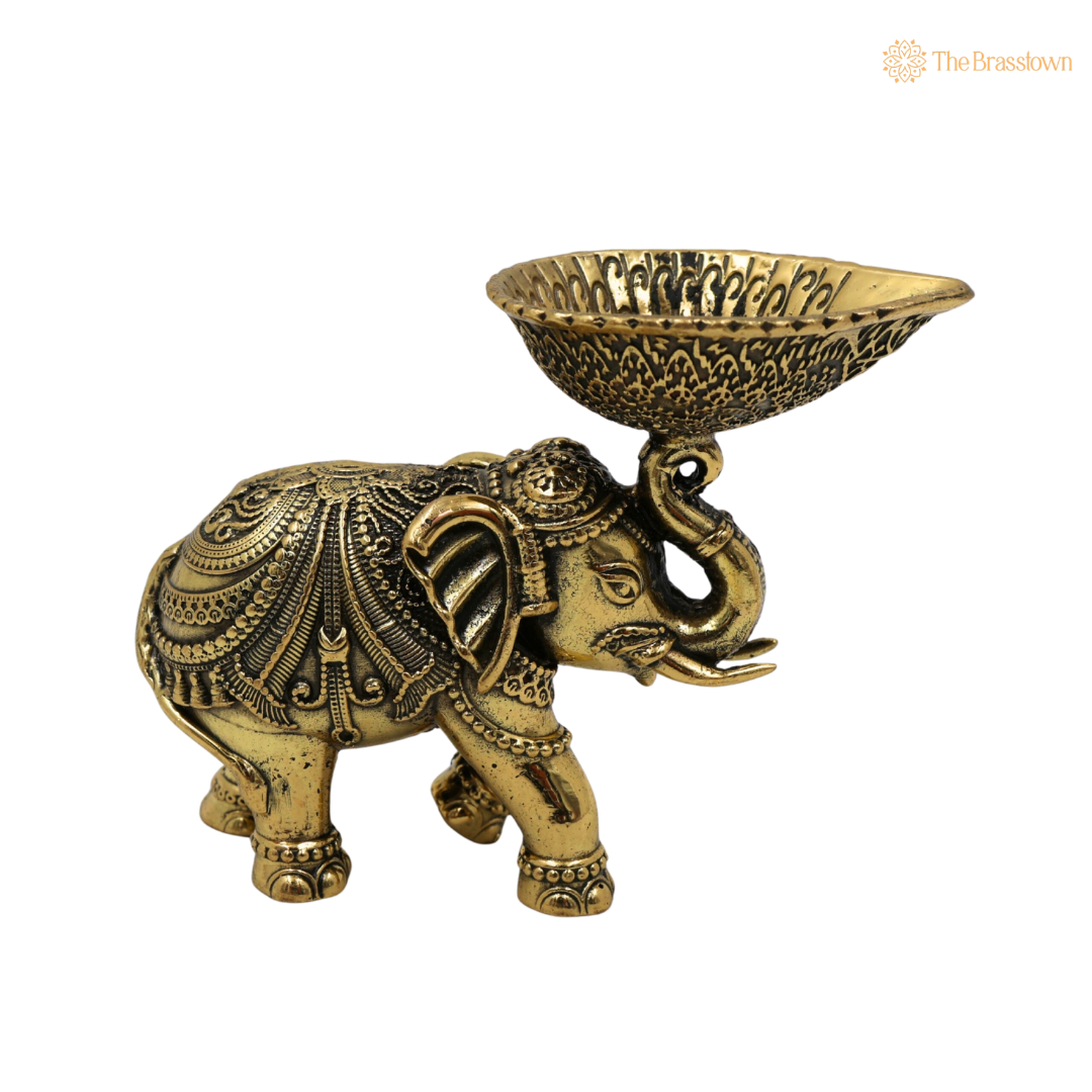 Brass Handcrafted Elephant Diya 3 Inch side view – antique finish detail