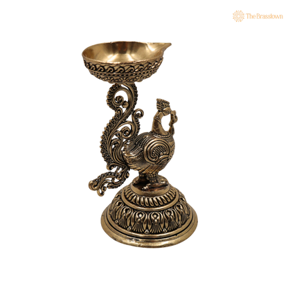 Brass Traditional Peacock Deepam Diya – Mayur Design Oil Lamp for Puja, Aarti &amp; Home Mandir Décor 4.5 Inch