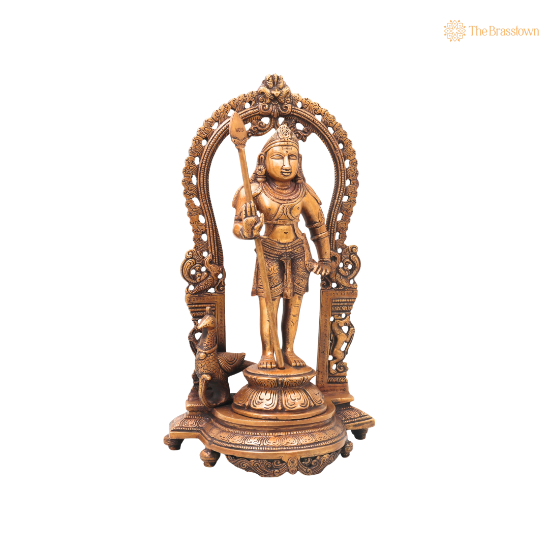 Brass Subramanya Murugan Idol – Fine Golden Finish for Puja &amp; Home Mandir 15 Inch