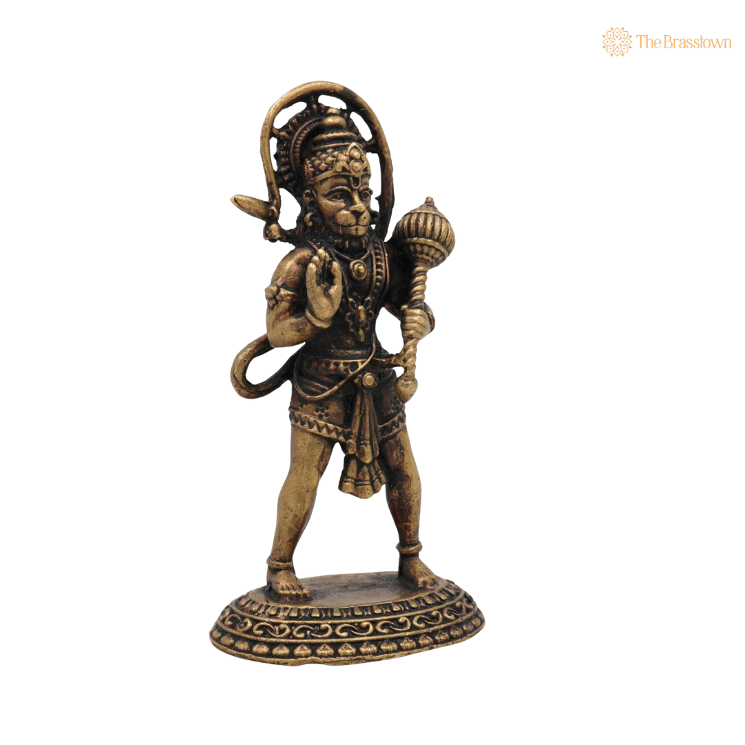 Brass Hanuman Idol with long 3 Inch side view – antique finish detail