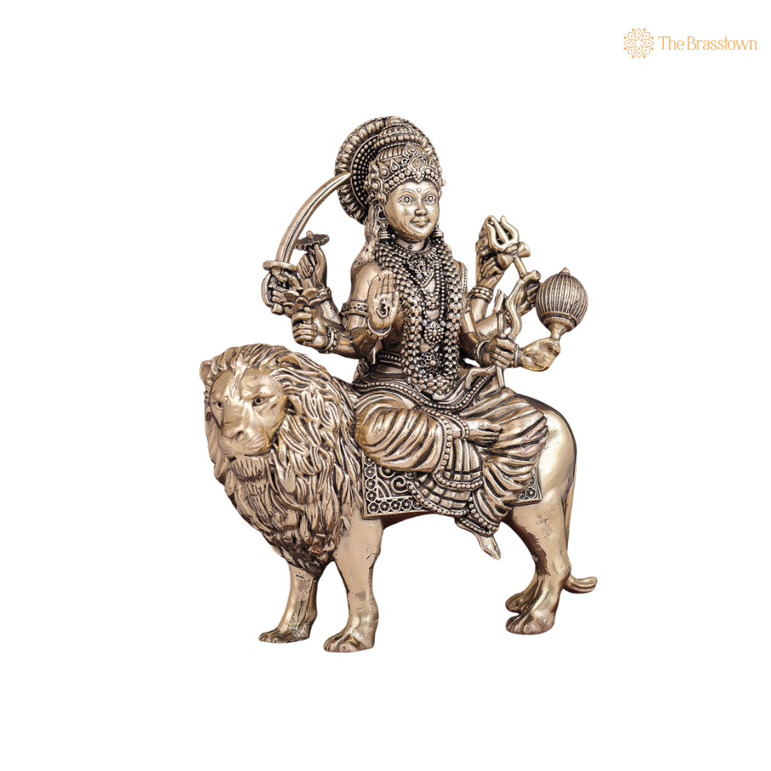 Brass Durga Idol with Trishul 4 Inch side view – antique finish detail
