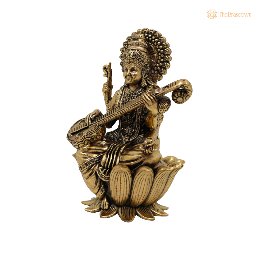 Handcrafted Brass Saraswati Mata Idol 4 Inch side view – antique finish detail