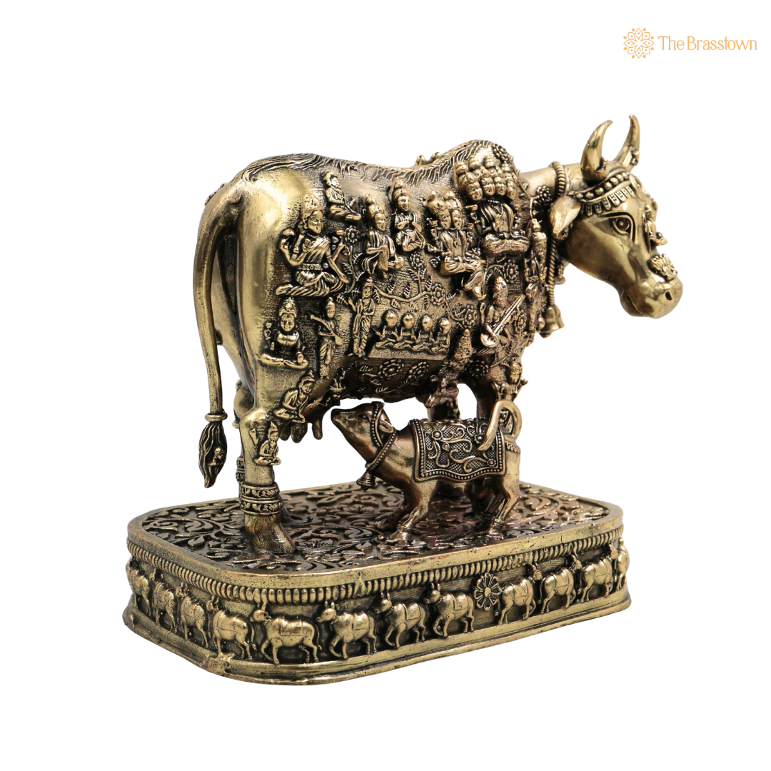 Handcrafted Brass Kamdhenu Gomata Surabhi Idol – Sacred Vastu &amp; Prosperity Statue for Home Temple, Office &amp; Gifting 6 Inch