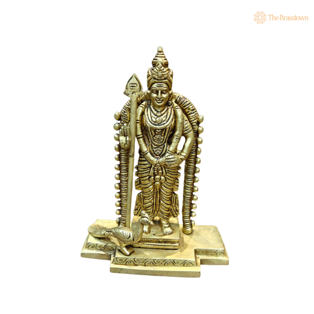 Brass Small Murugan Swamy Kartikeya 7.5 Inch side view – antique finish detail