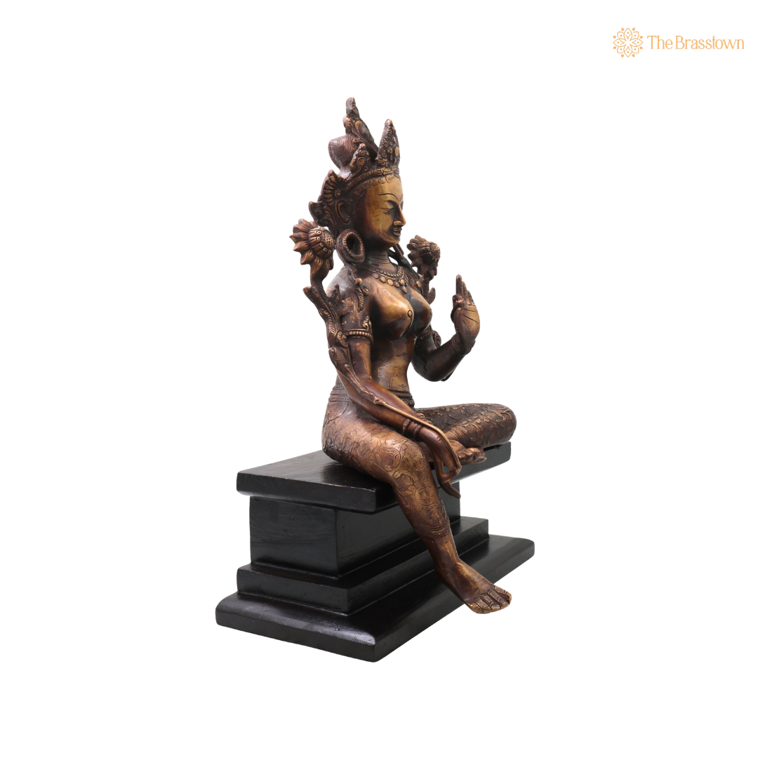 Brass Maa Tara Idol Murti on Wooden Stand – Handcrafted Mahavidya Tara Devi Statue for Pooja, Home Mandir, Spiritual Décor &amp; Gifting 17 Inch