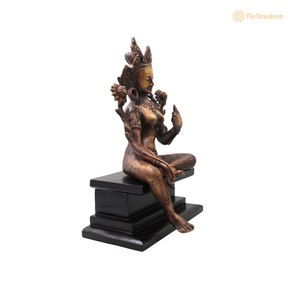 Brass Maa Tara Idol Murti on Wooden Stand – Handcrafted Mahavidya Tara Devi Statue for Pooja, Home Mandir, Spiritual Décor &amp; Gifting 17 Inch
