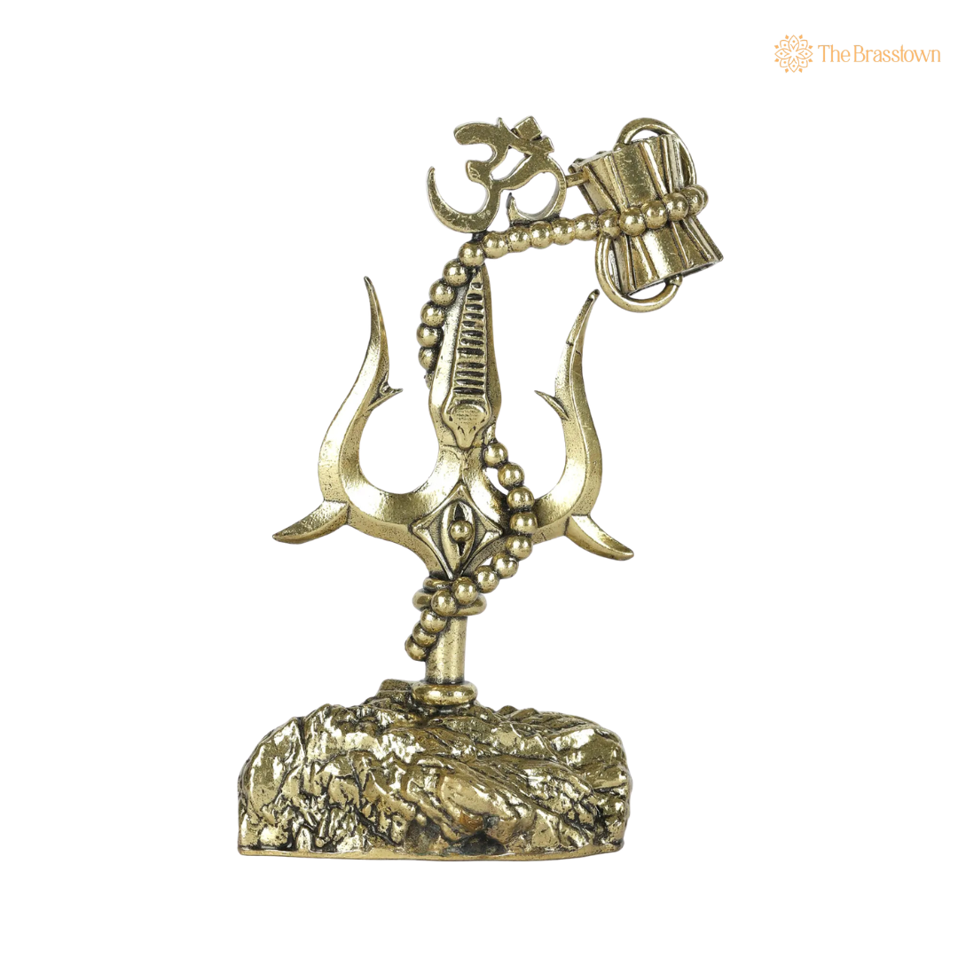 Brass Trishul with Damru and 4 Inch side view – antique finish detail