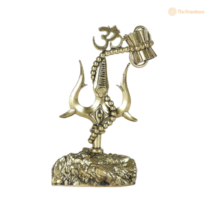 Brass Trishul with Damru and 4 Inch side view – antique finish detail