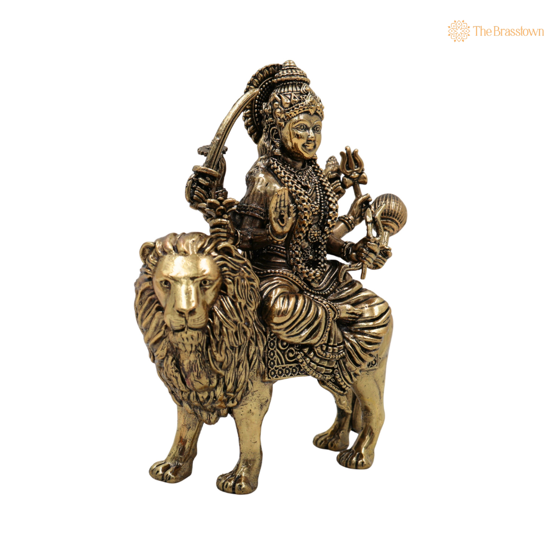 Brass Durga Idol 4.5 Inch side view – antique finish detail
