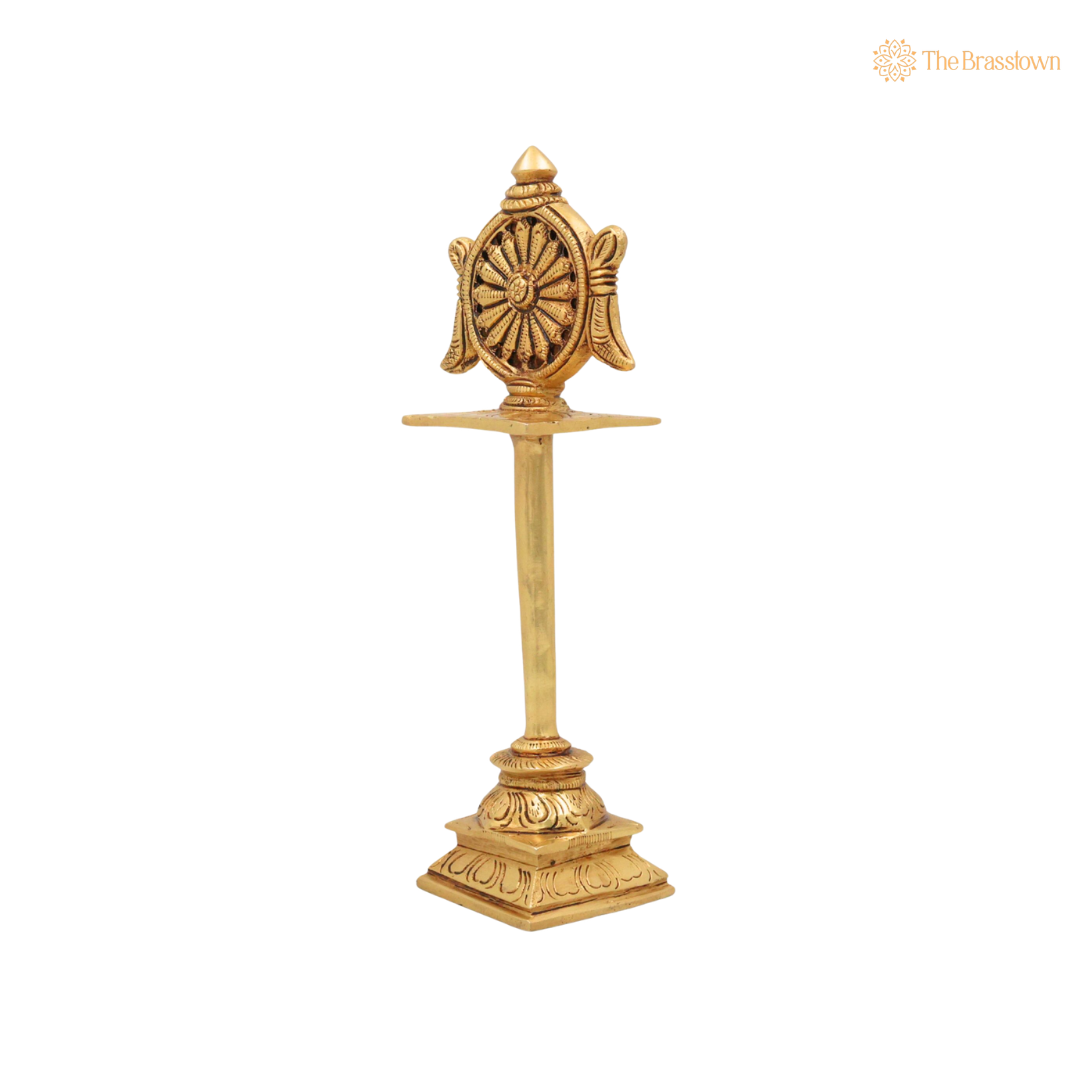 Brass Sudarshan Chakra Stand – Peetal Vishnu Symbol Balaji Sudarshan Chakra Figurine for Pooja, Home Temple &amp; Spiritual Décor 5 Inch