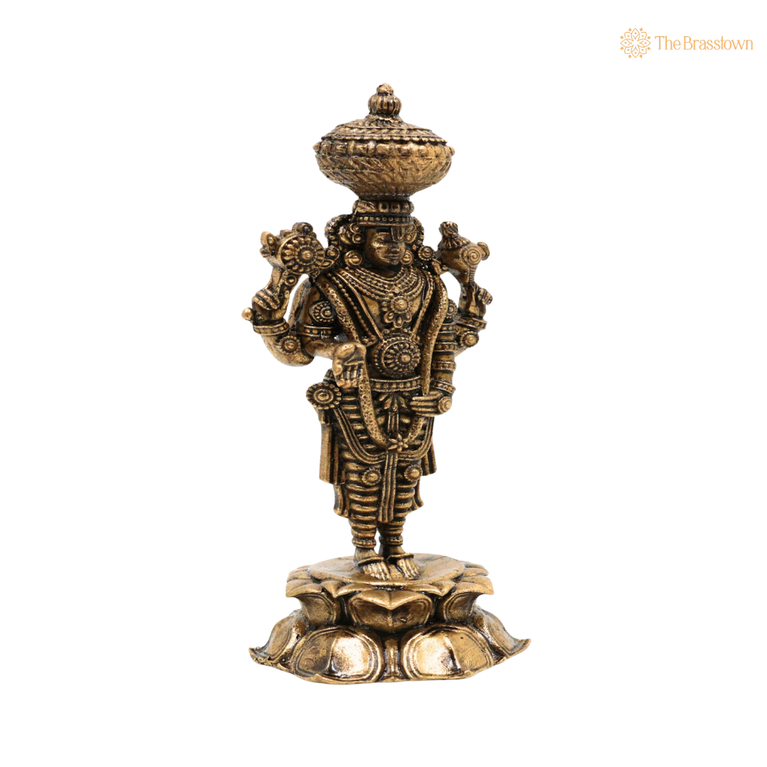Brass Venkateshvara Idol on Lotus 3 Inch side view – antique finish detail