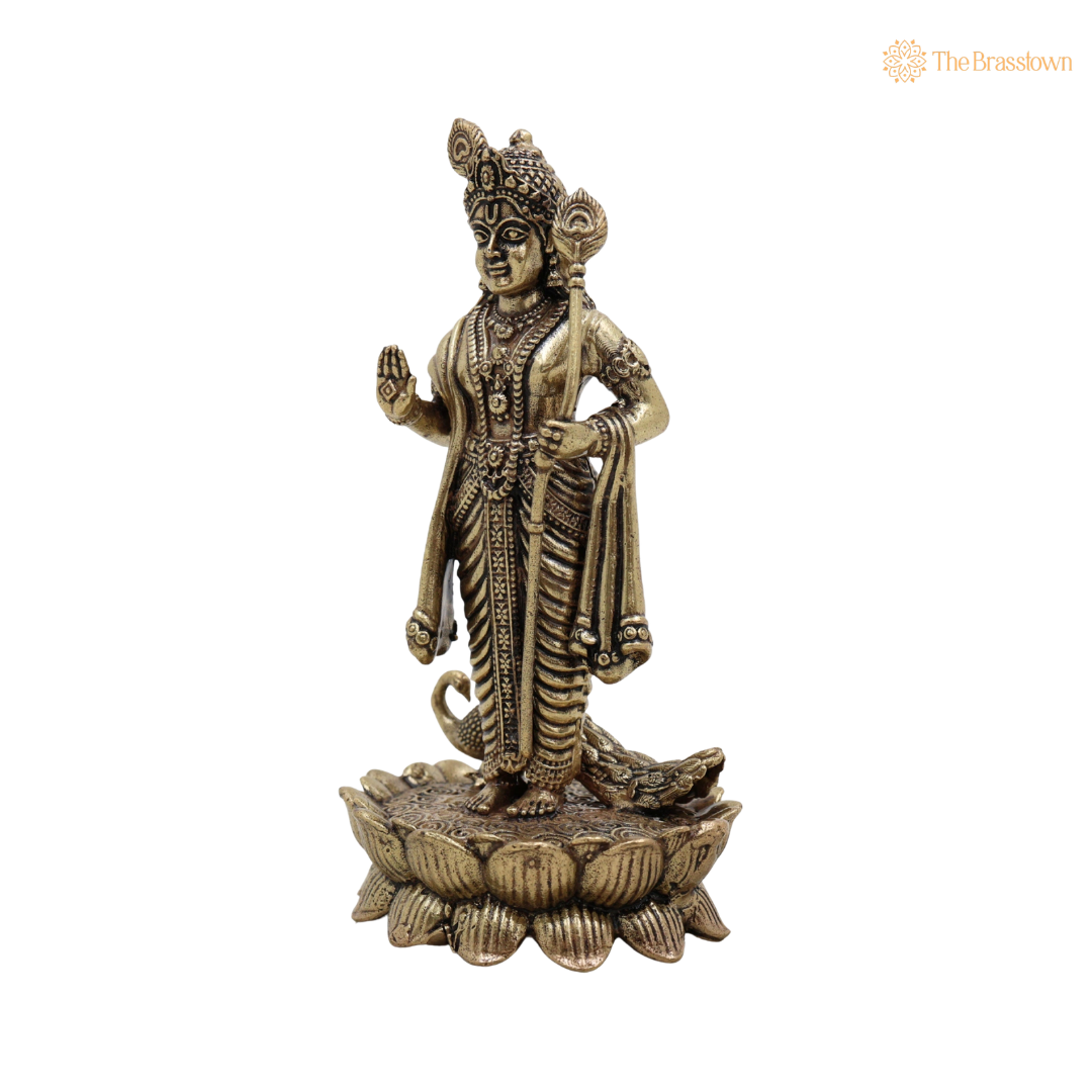 Brass Murugan Idol with Peacock 4 Inch side view – antique finish detail